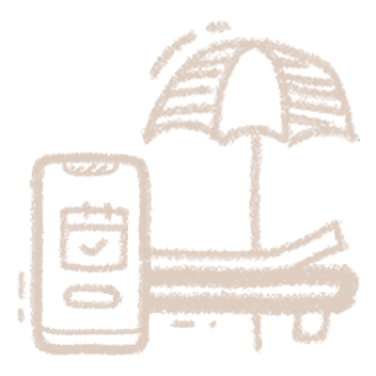 Icon of a lounge chair, umbrella, and mobile device with a checkmark, representing booking at Suku Beach.